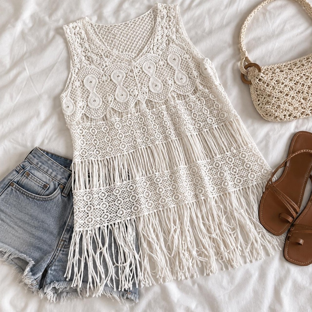 white crochet fringe top